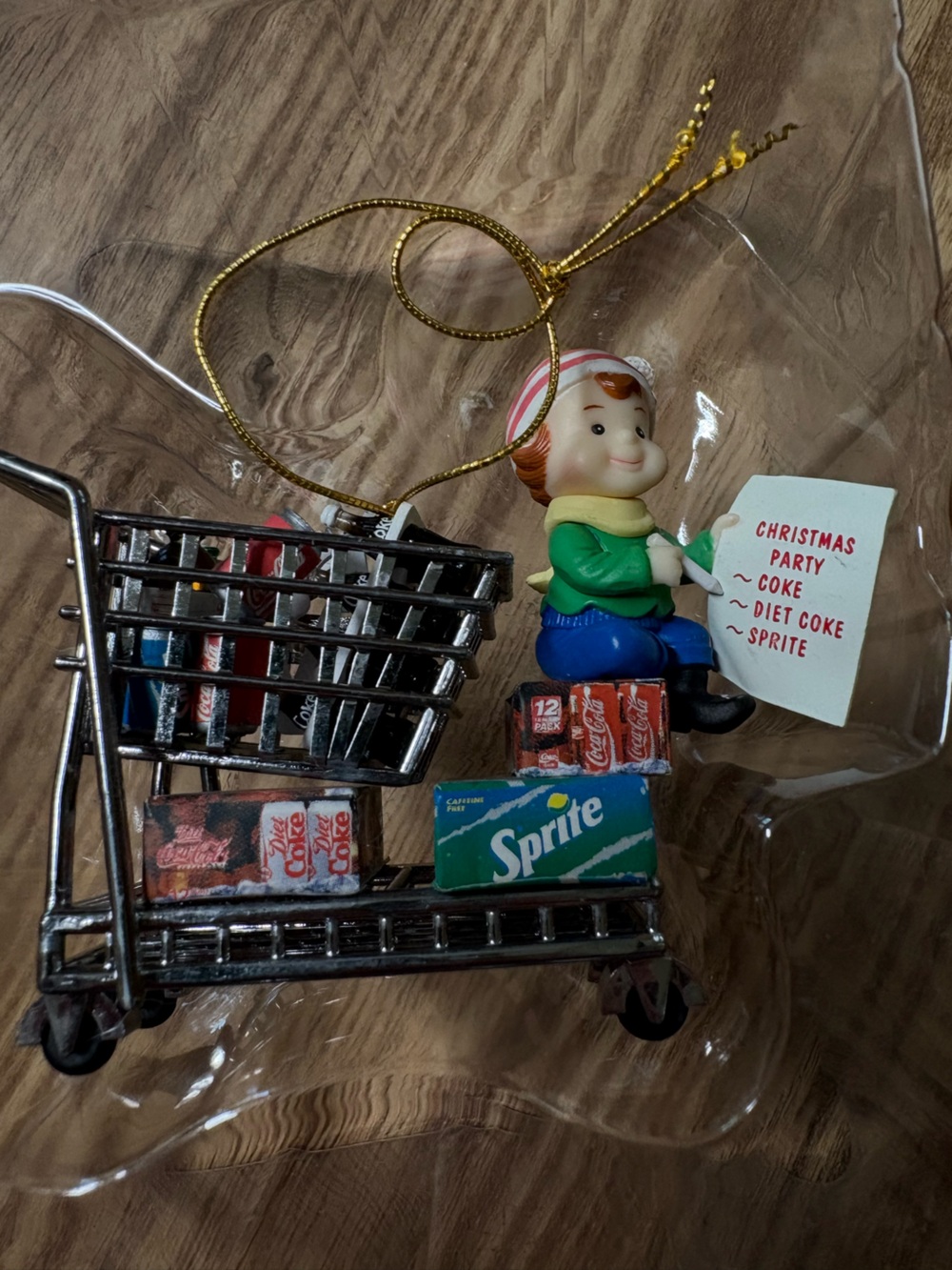Coca Cola Treasury Masterpiece Elf Ornament with Mini Shopping Cart Sprite Coke